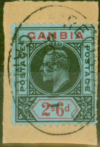 Rare Postage Stamp from Gambia 1909 2s6d Black & Red-Blue SG84 Superb Used on Small Piece