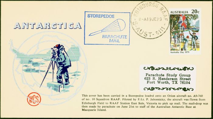 Collectible Postage Stamp from Australia Antarctica  1979 Storepedo Parachute Mail Cover 140 Produced  Fine & Attractive