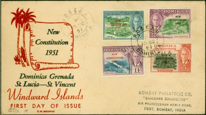 Collectible Postage Stamp from Dominica 1951 Set of 4 SG135-138 on Reg 1st Day Cover to India Fine & Attractive