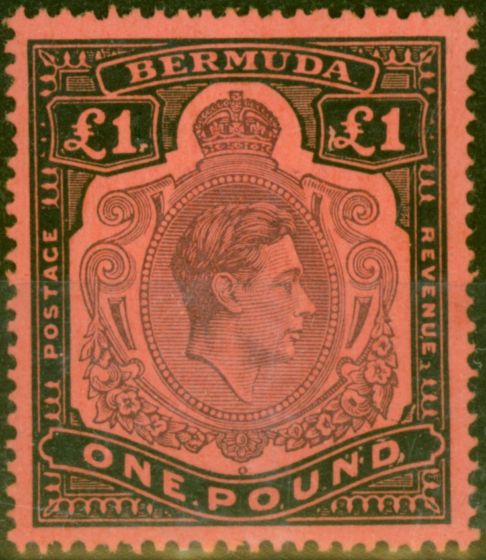 Old Postage Stamp from Bermuda 1943 £1 Pale Purple & Black-Pale Red SG121b Fine Lightly Mtd Mint