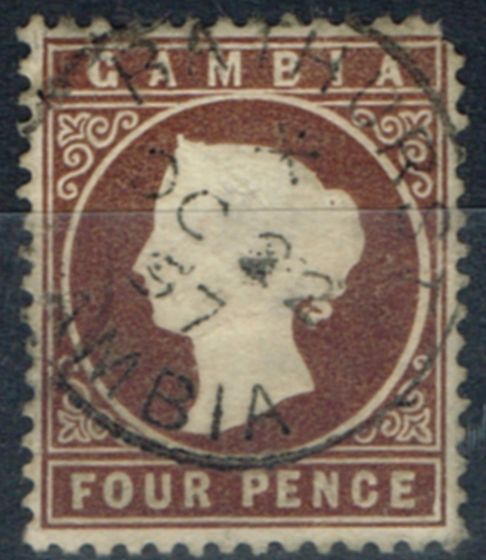 Valuable Postage Stamp from Gambia 1886 4d Brown SG30w Wmk Crown to right of CA Fine Used