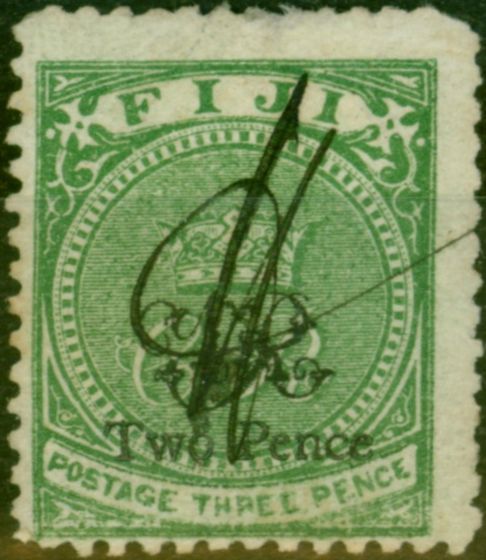 Collectible Postage Stamp Fiji 1876 2d on 3d Deep Green SG30 Good Used Contemporary Pen Cancel