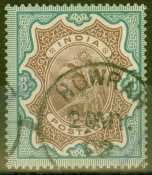 Old Postage Stamp from India 1895 3R Brown & Green SG108 V.F.U