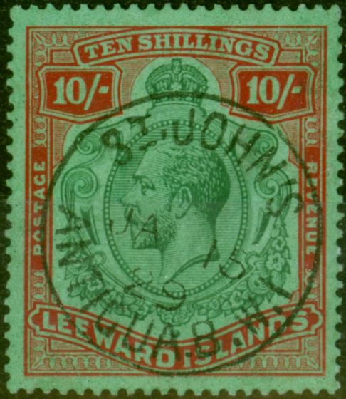 Rare Postage Stamp Leeward Islands 1928 10s Green & Red-Green SG79 Superb Used 'St Johns Antigua JA 15 29' CDS
