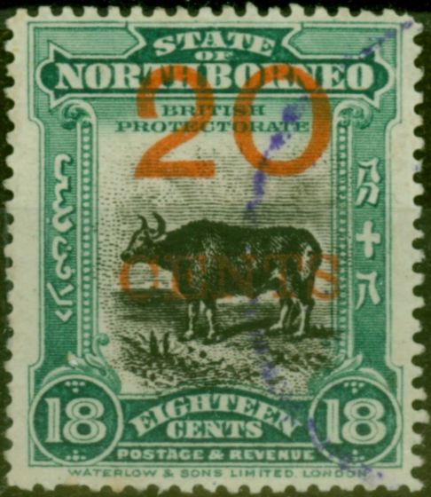 Valuable Postage Stamp North Borneo 1909 20c on 18c Blue-Green SG177a P.15 Good Used