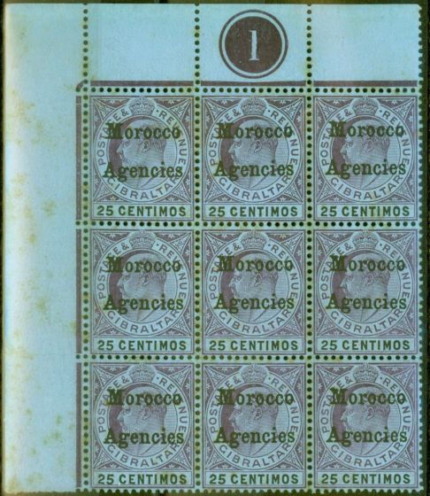 Rare Postage Stamp from Morocco Agencies 1906 25c Purple & Black-Blue SG27 Good MNH Pl 1 Corner Block of 9