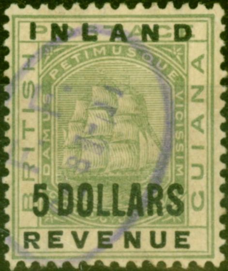 Rare Postage Stamp from British Guiana 1888 $5 Green SG189 Fine Used Fiscal Cancel
