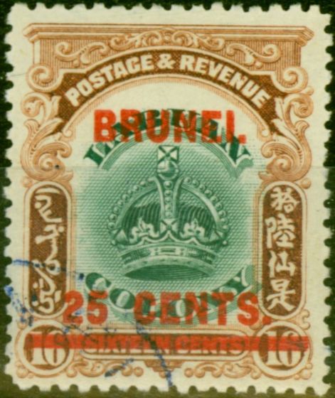 Old Postage Stamp from Brunei 1906 25c on 16c Green & Brown SG19 Very Fine Used