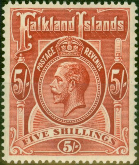 Old Postage Stamp Falkland Islands 1912 5s Deep Rose-Red SG67 Fine & Fresh LMM