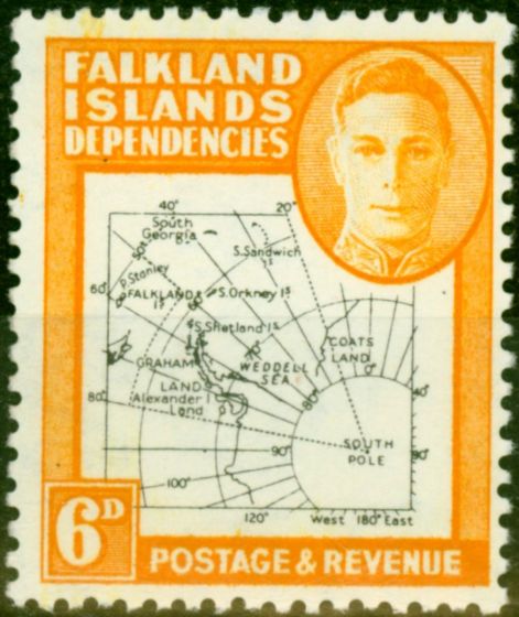 Rare Postage Stamp from Falkland Islands Dependencies 1948 6d Black & Orange SGG14 Thin Map Fine MNH