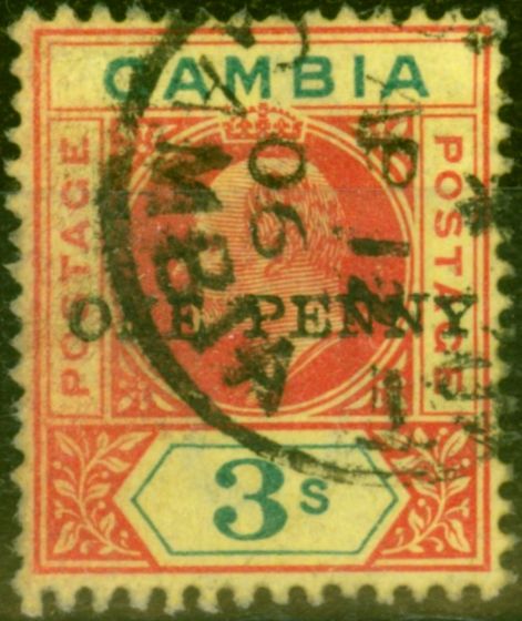 Collectible Postage Stamp from Gambia 1906 1d on 3s Carmine & Green-Yellow SG70Var 'Dropped Y' R. 6-3 Fine Used