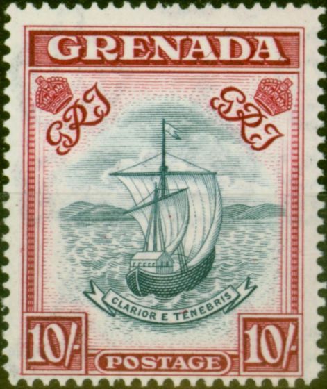 Old Postage Stamp Grenada 1944 10s Slate-Blue & Carmine-Lake SG163d P.14 Wide V.F VLMM