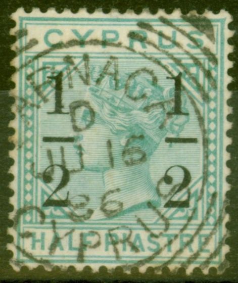 Collectible Postage Stamp from Cyprus 1886 1/2 on 1/2pi Emerald Green SG28 V.F.U Neat Larnaca Sq Circle Cancel