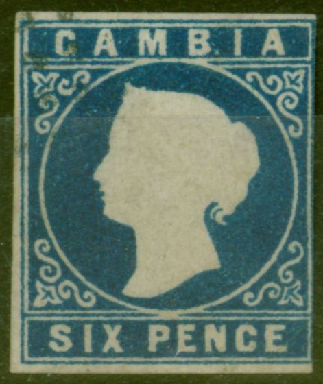 Old Postage Stamp from Gambia 1869 6d Dp Blue SG3 Forgery Unusual