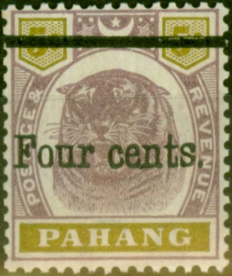 Collectible Postage Stamp from Pahang 1899 4c on 5c Dull Purple & Olive-Yellow SG28 Fine MM Pl.1 Fine LMM