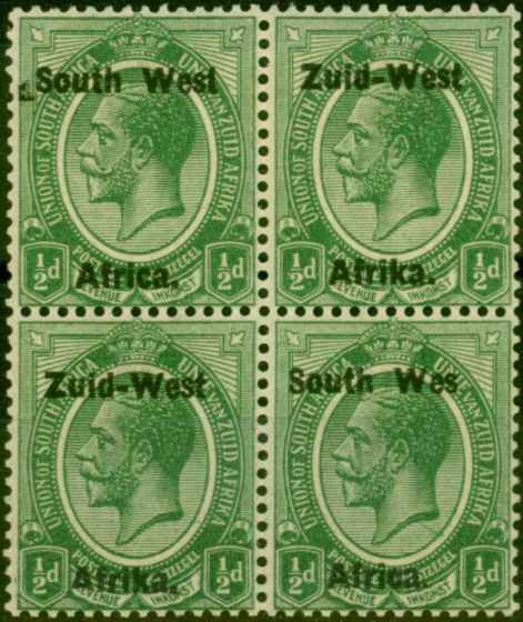 Rare Postage Stamp S.W.A 1923 1/2d Green SG1a 'Wes for West' in a Fine MNH Block of 4