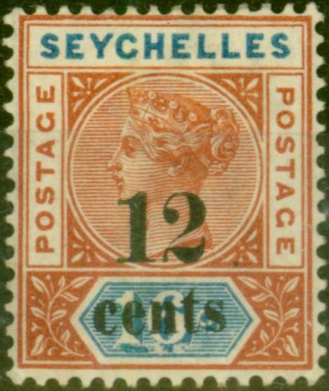 Collectible Postage Stamp Seychelles 1893 12c on 16c Chestnut & Blue SG16 Fine MM