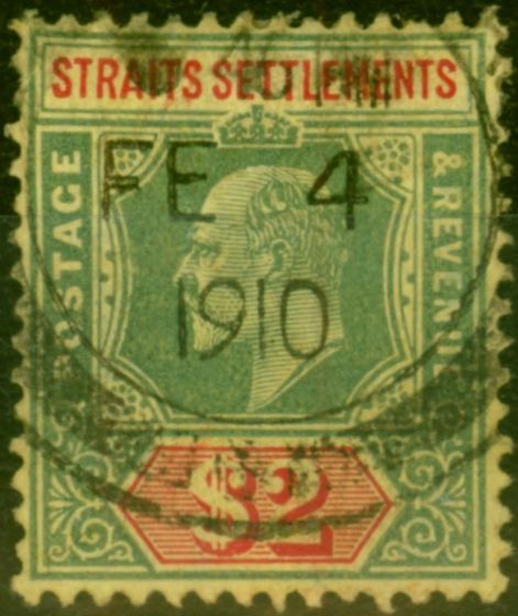 Old Postage Stamp from Straits Settlements 1909 $2 Green & Red-Yellow SG166 Fine Used