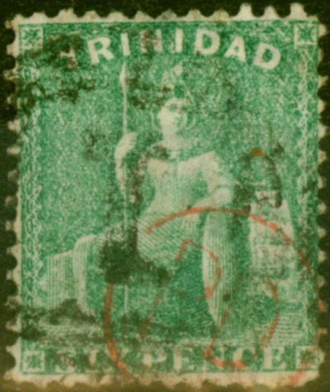 Collectible Postage Stamp Trinidad 1863 6d Emerald Green SG72 Fine Used 'P.D' in Red