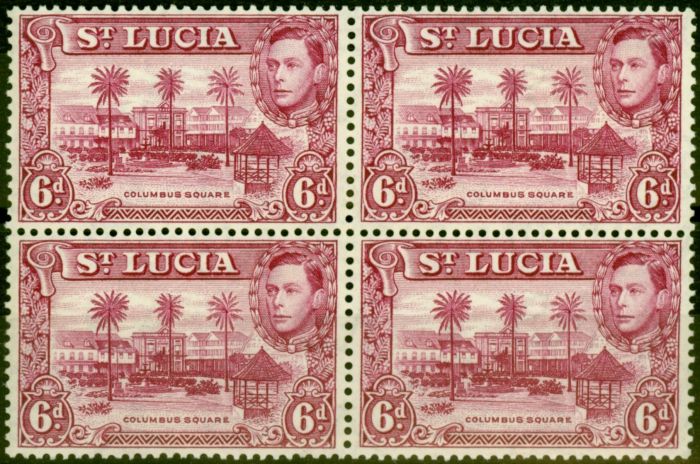 Old Postage Stamp from St. Lucia 1938 6d Claret SG134 P.13.5 Fine MNH Block of 4