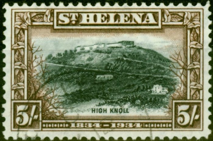 Rare Postage Stamp from St Helena 1934 5s Black & Chocolate SG122  'Madam Joseph Wood Type 340' Forged Cancel