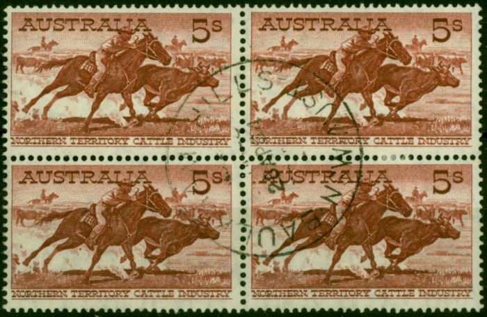Australia 1961 5s Red-Brown SG327 V.F.U Block of 4 . Queen Elizabeth II (1952-2022) Used Stamps