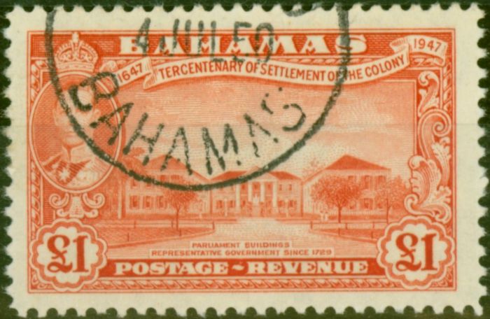 Valuable Postage Stamp from Bahamas 1948 £1 Vermilion SG193 V.F.U