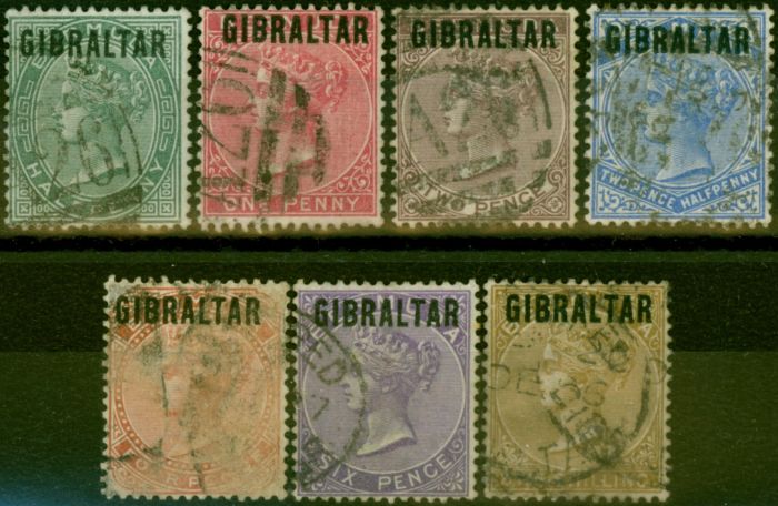 Old Postage Stamp Gibraltar 1886 Set of 7 SG1-7 Good to Fine Used