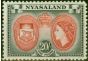 Collectible Postage Stamp Nyasaland 1953 20s Red-Black SG187 Fine LMM