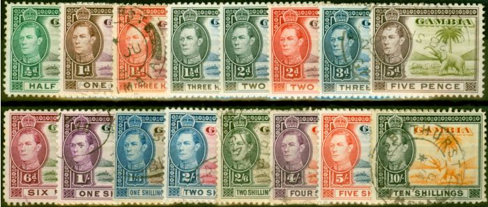 Old Postage Stamp from Gambia 1938-46 Set of 16 SG150-161 Fine Used