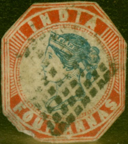 Collectible Postage Stamp from India 1855 4a Blue & Red SG23 Head III Frame II Average Used C.T.S.