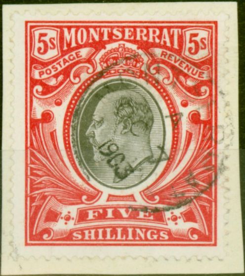 Rare Postage Stamp from Montserrat 1903 5s Black & Scarlet SG23 Superb Used on Piece 'Montserrat OC 7 1903' CDS