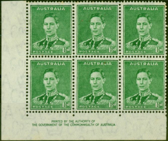 Old Postage Stamp Australia 1941 1 1/2d Emerald-Green SG183 V.F MNH Corner Imprint Block of 6