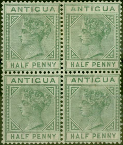 Old Postage Stamp Antigua 1882 1/2d Dull Green SG21 Fine MM & MNH Block of 4