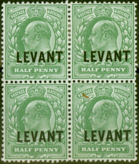 Old Postage Stamp from British Levant 1905 1/2d Pale Yellowish Green SGL1 Fine MM Block of 4