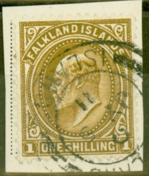 Rare Postage Stamp from Falkland Islands 1904 1s Brown SG48 V.F.U on Piece