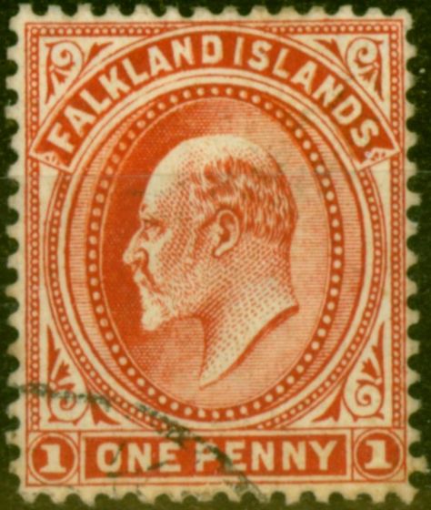 Old Postage Stamp from Falkland Islands 1908 1d Dull Coppery Red Thick Paper SG44d Fine Used (2)