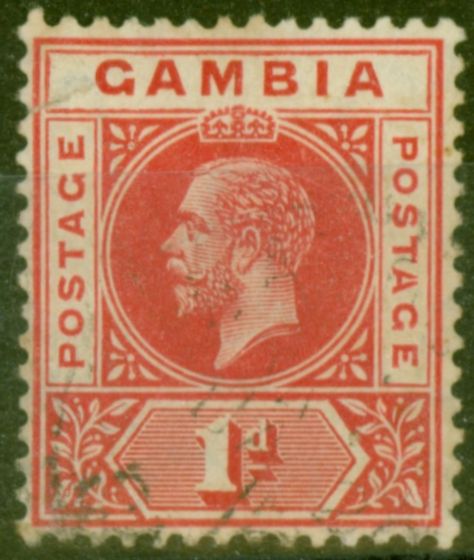 Rare Postage Stamp from Gambia 1912 1d Red SG87c Spilt A Used Filler