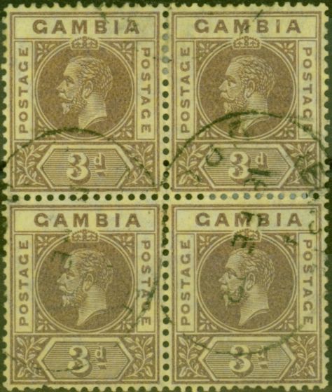 Rare Postage Stamp from Gambia 1912 3d on Pale Yellow SG91c V.F.U Block of 4