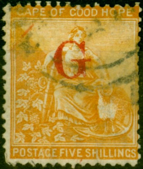 Rare Postage Stamp from Griqualand West 1877 5s Yellow-Orange SG10a Good Used