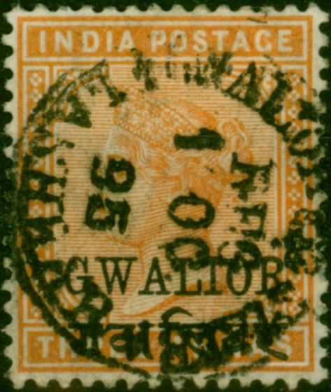 Gwalior 1885 3a Orange SG24 Fine Used. Queen Victoria (1840-1901) Used Stamps