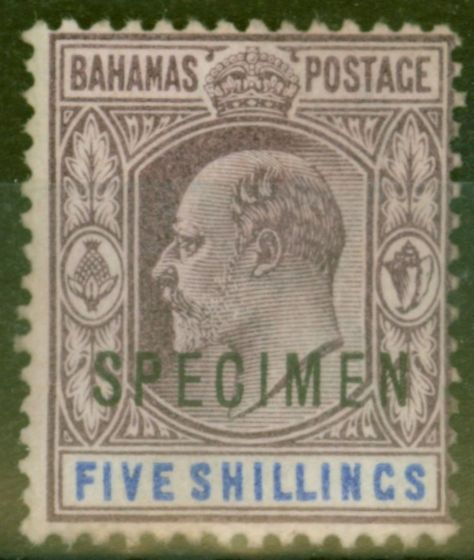 Valuable Postage Stamp from Bahamas 1902 5s Dull Purple & Blue Specimen SG69s Fine Lightly Mtd Mint