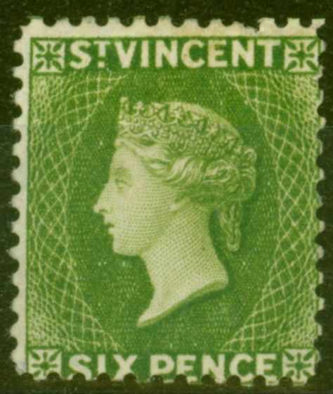 Rare Postage Stamp from St Vincent 1883 6d Brt Green SG44 Fine & Fresh Mtd Mint