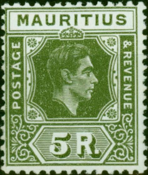 Mauritius 1938 5R Olive-Green SG262 Fine LMM . King George VI (1936-1952) Mint Stamps
