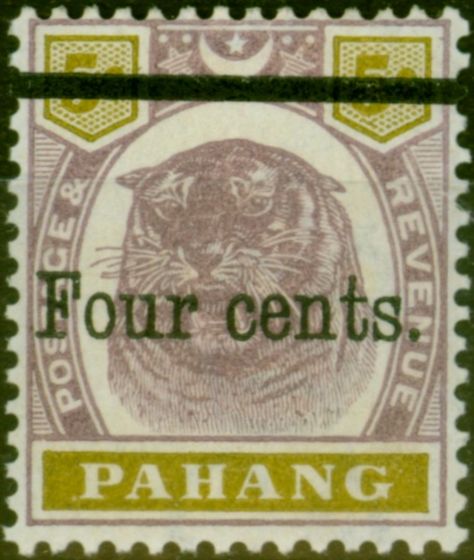 Rare Postage Stamp from Pahang 1899 4c on 5c Dull Purple & Olive-Yellow SG28 Fine LMM