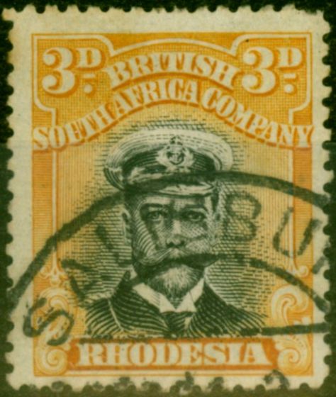 Rare Postage Stamp from Rhodesia 1913 3d Black & Yellow SG222 Good Used