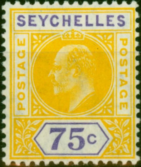 Valuable Postage Stamp Seychelles 1906 75c Yellow & Violet SG68 V.F LMM