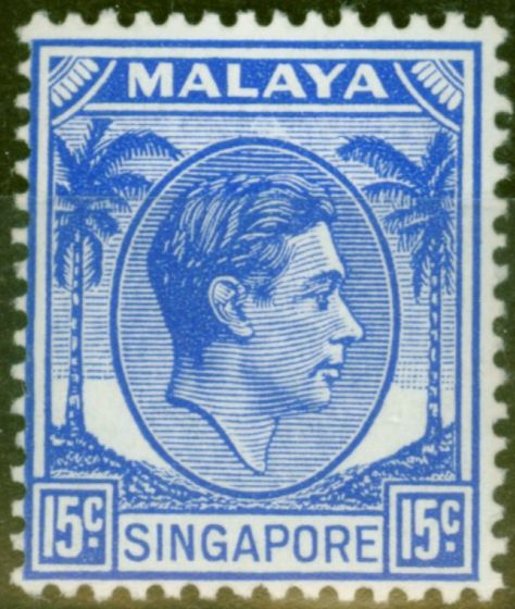 Rare Postage Stamp from Singapore 1948 15c Ultramarine SG8 Fine Lightly Mtd Mint