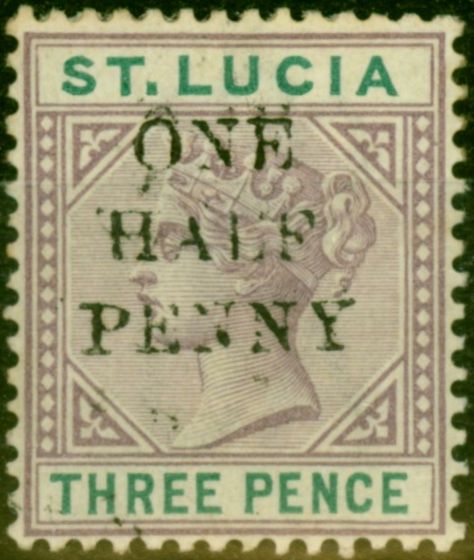 Rare Postage Stamp from St Lucia 1891 1/2d on 3d Dull Mauve & Green SG56eVar Small A in Half Opt Partly Doubled Fine Mtd Mint