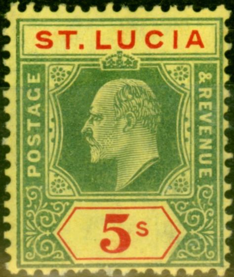 Rare Postage Stamp from St Lucia 1907 5s Green & Red-Yellow SG77 Fine Very Lightly Mtd Mint